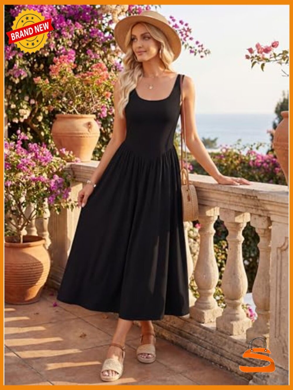 Women's Maxi Dress Square Neck Sleeveless A-Line Knit Sundress with Pockets - Picture 3 of 7